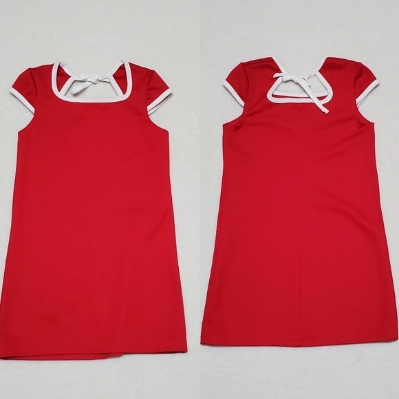 VINTAGE 70s Just Sarah Red White Trim Cap Sleeve Mod Shift Dress 5 - Picture 1 of 11